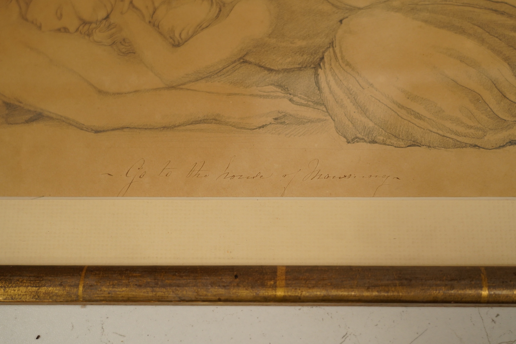 19th century English School, pencil sketch, 'Go to the hour of mourning', unsigned, inscribed in ink, 14 x 40cm. Condition - fair, discolouration to the paper